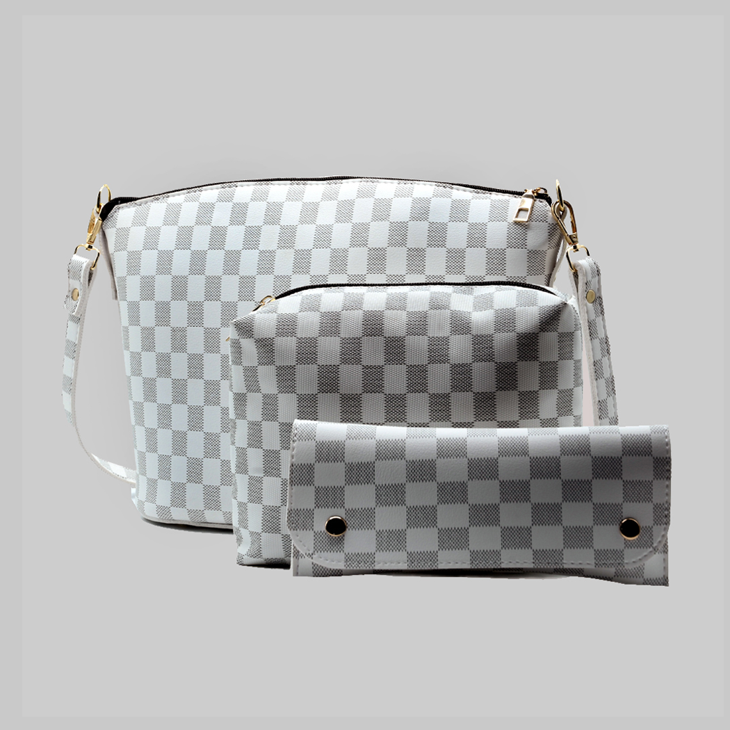Chroma Check Shoulder Bag – Elegant White Checkered Handbag with Long Strap