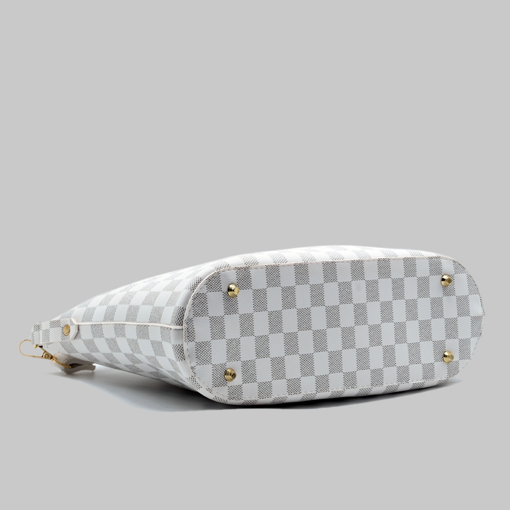 Chroma Check Shoulder Bag – Elegant White Checkered Handbag with Long Strap