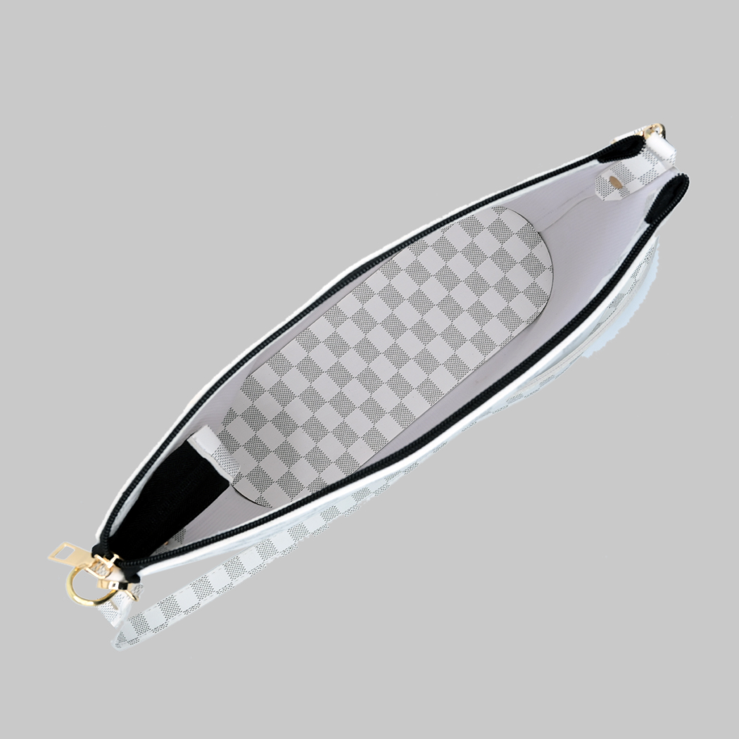 Chroma Check Shoulder Bag – Elegant White Checkered Handbag with Long Strap