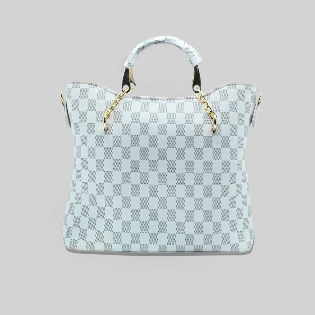 White Checkered Tote Handbag for Women