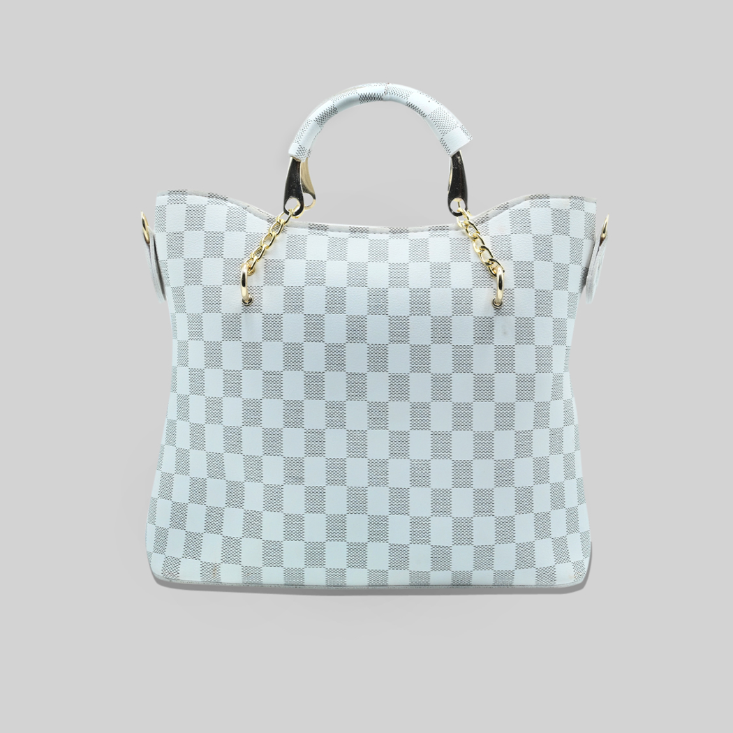 White Checkered Tote Handbag for Women | Stylish PU Leather Chain Handle Bag in Pakistan