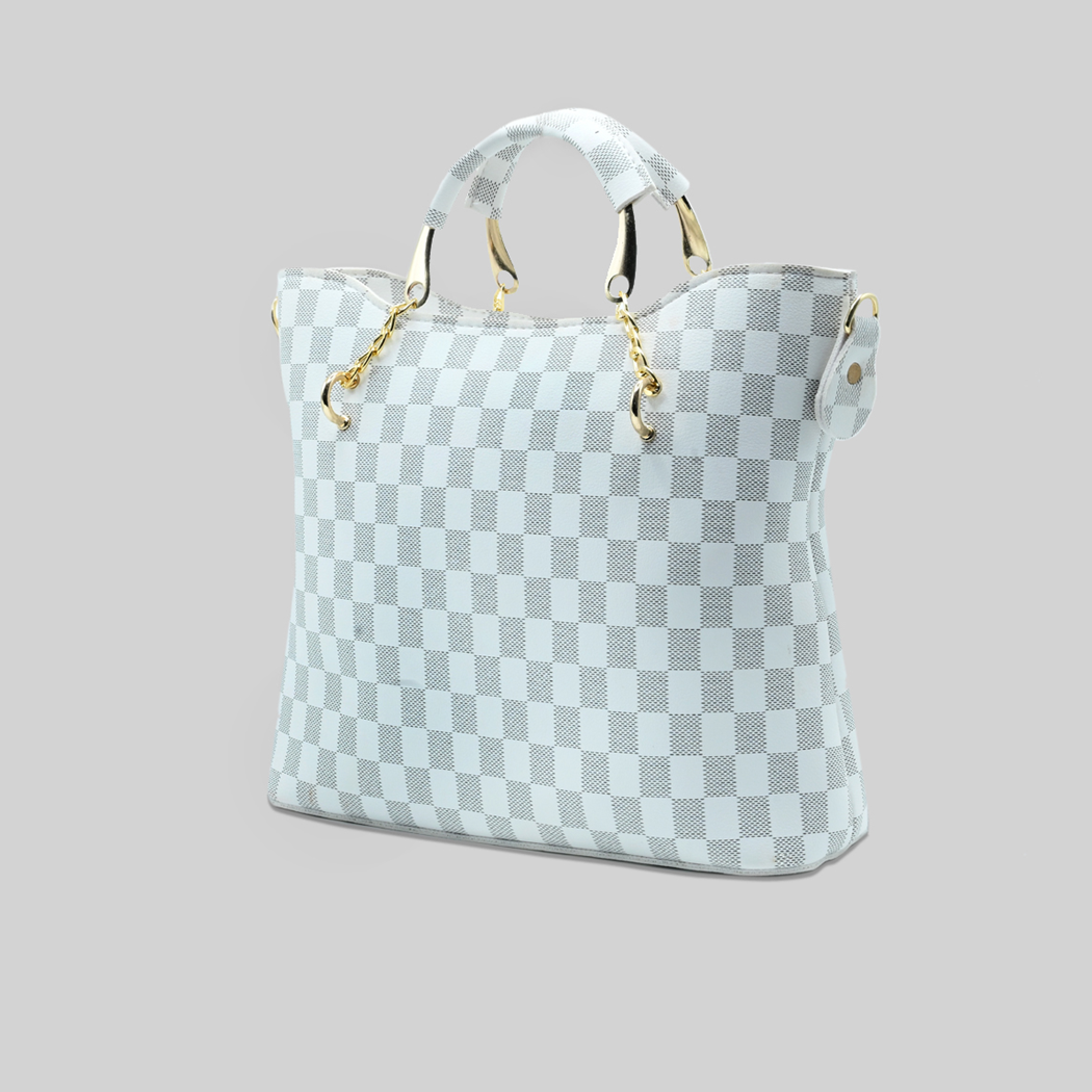 White Checkered Tote Handbag for Women | Stylish PU Leather Chain Handle Bag in Pakistan