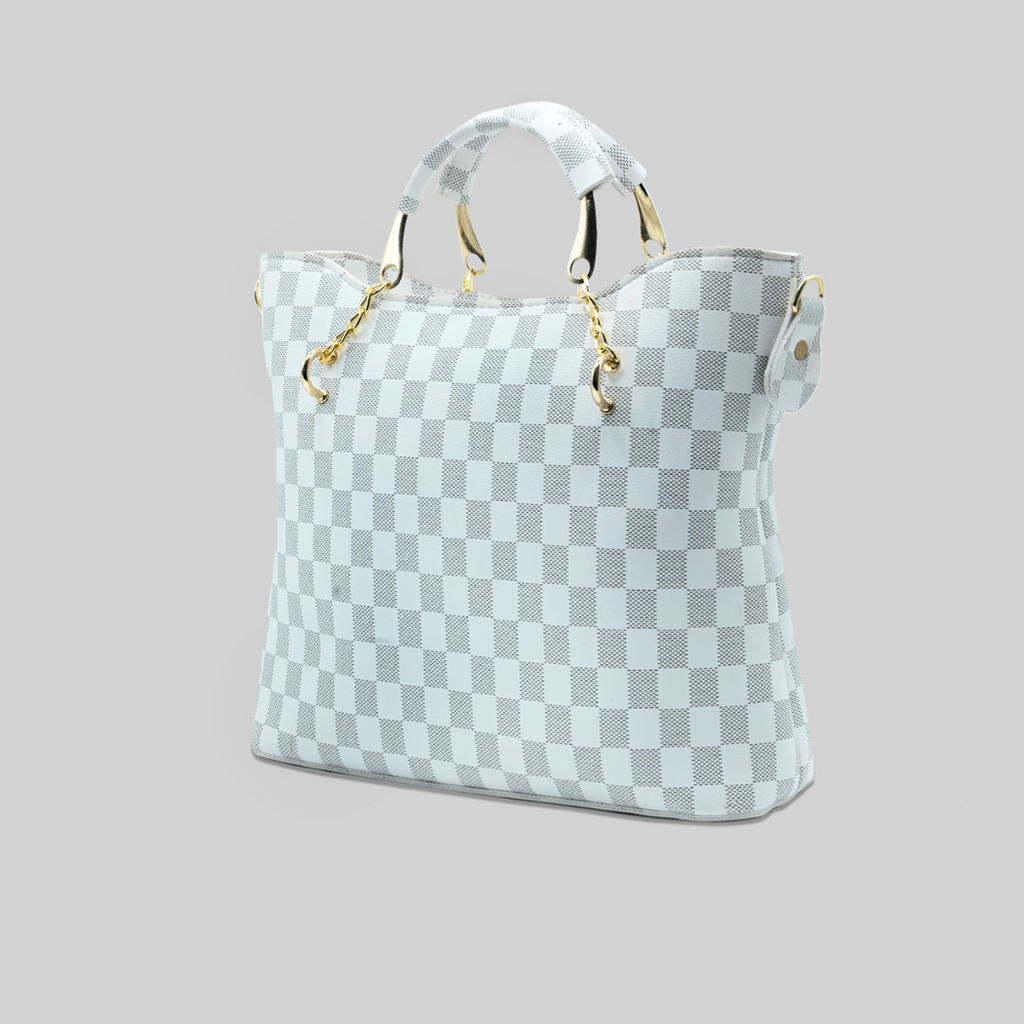 White Checkered Tote Handbag for Women