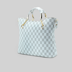 White Checkered Tote Handbag for Women | Stylish PU Leather Chain Handle Bag in Pakistan