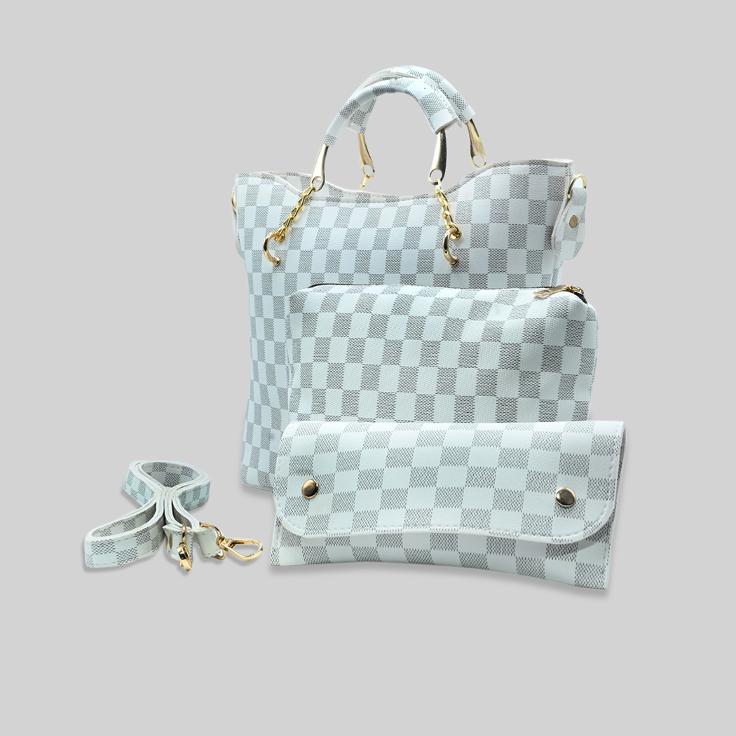 White Checkered Tote Handbag for Women | Stylish PU Leather Chain Handle Bag in Pakistan