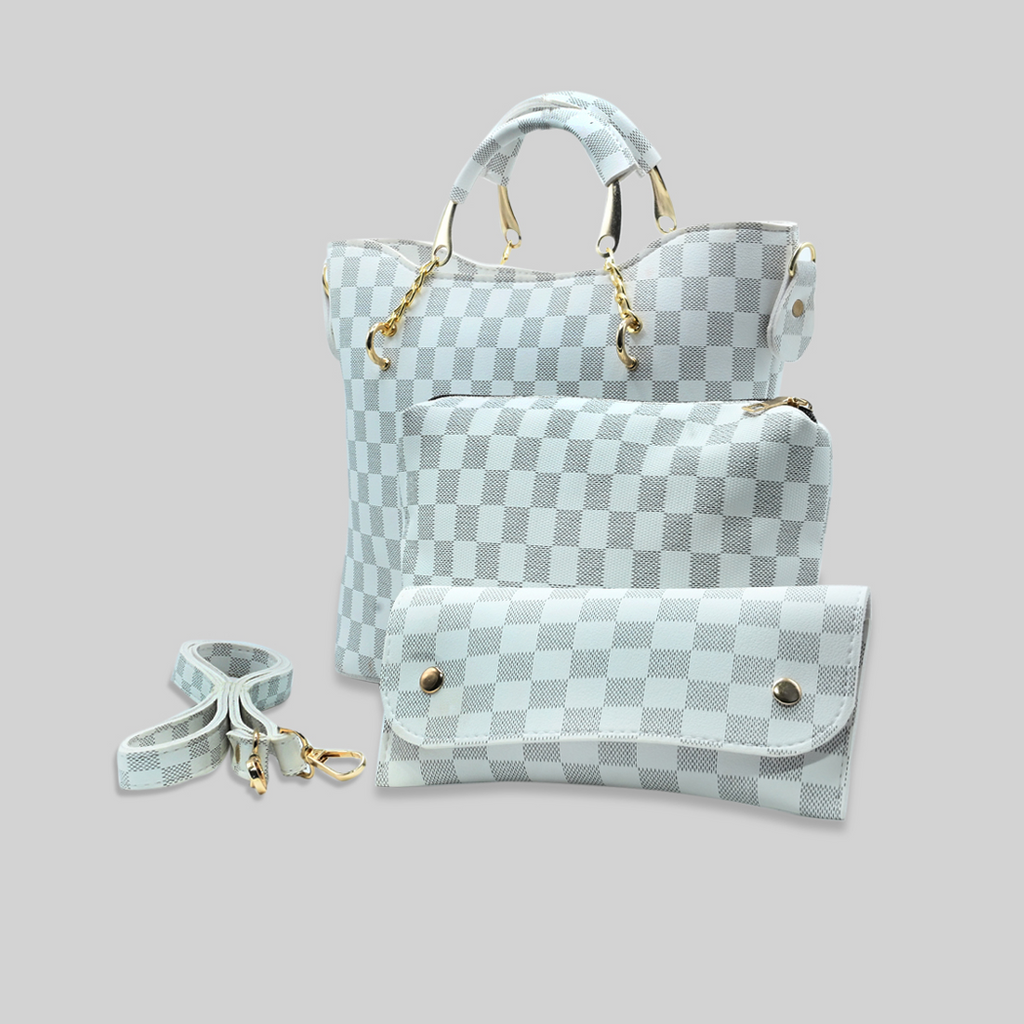 White Checkered Tote Handbag for Women