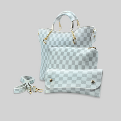 White Checkered Tote Handbag for Women | Stylish PU Leather Chain Handle Bag in Pakistan