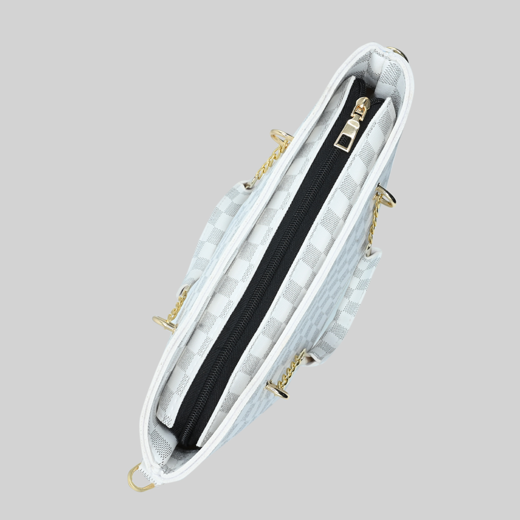 White Checkered Tote Handbag for Women