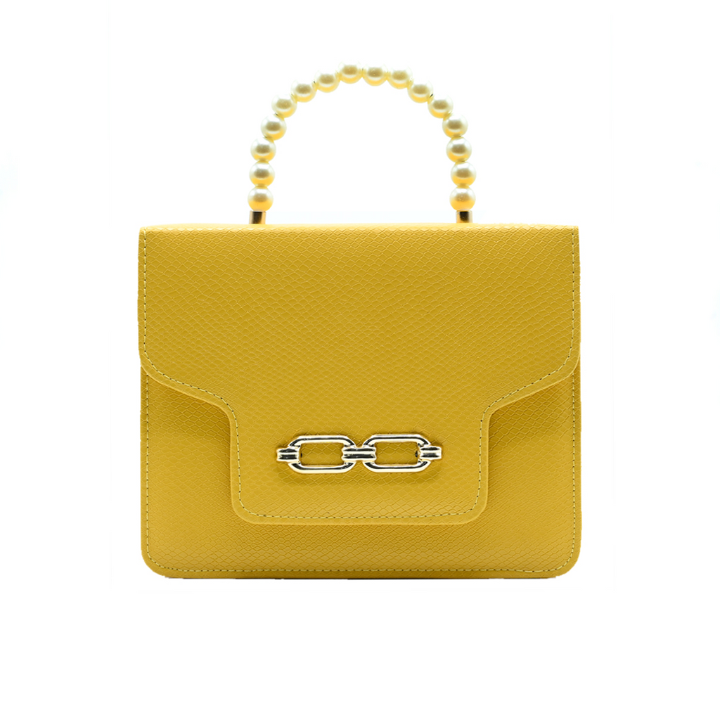 Lustre Pearl Tote – Vibrant Yellow Handbag with Pearl Handle