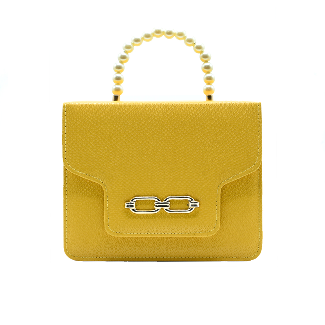 Lustre Pearl Tote – Vibrant Yellow Handbag with Pearl Handle