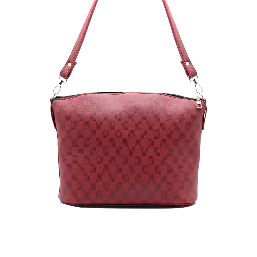 Chroma Check Shoulder Bag – Maroon Checkered Handbag with Long Strap