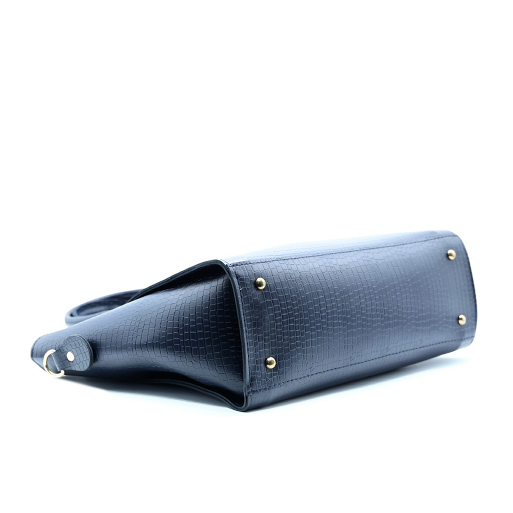 Aurora Box Tote Bag for Women – Navy Blue Structured Handbag with Long Strap & Pouch