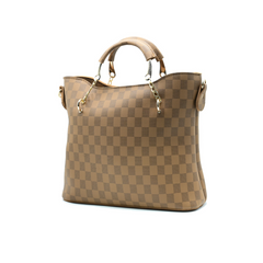 Brown Checkered Tote Handbag for Women | Elegant PU Leather Chain Handle Bag in Pakistan