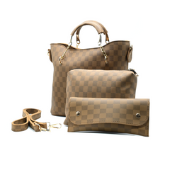Brown Checkered Tote Handbag for Women | Elegant PU Leather Chain Handle Bag in Pakistan