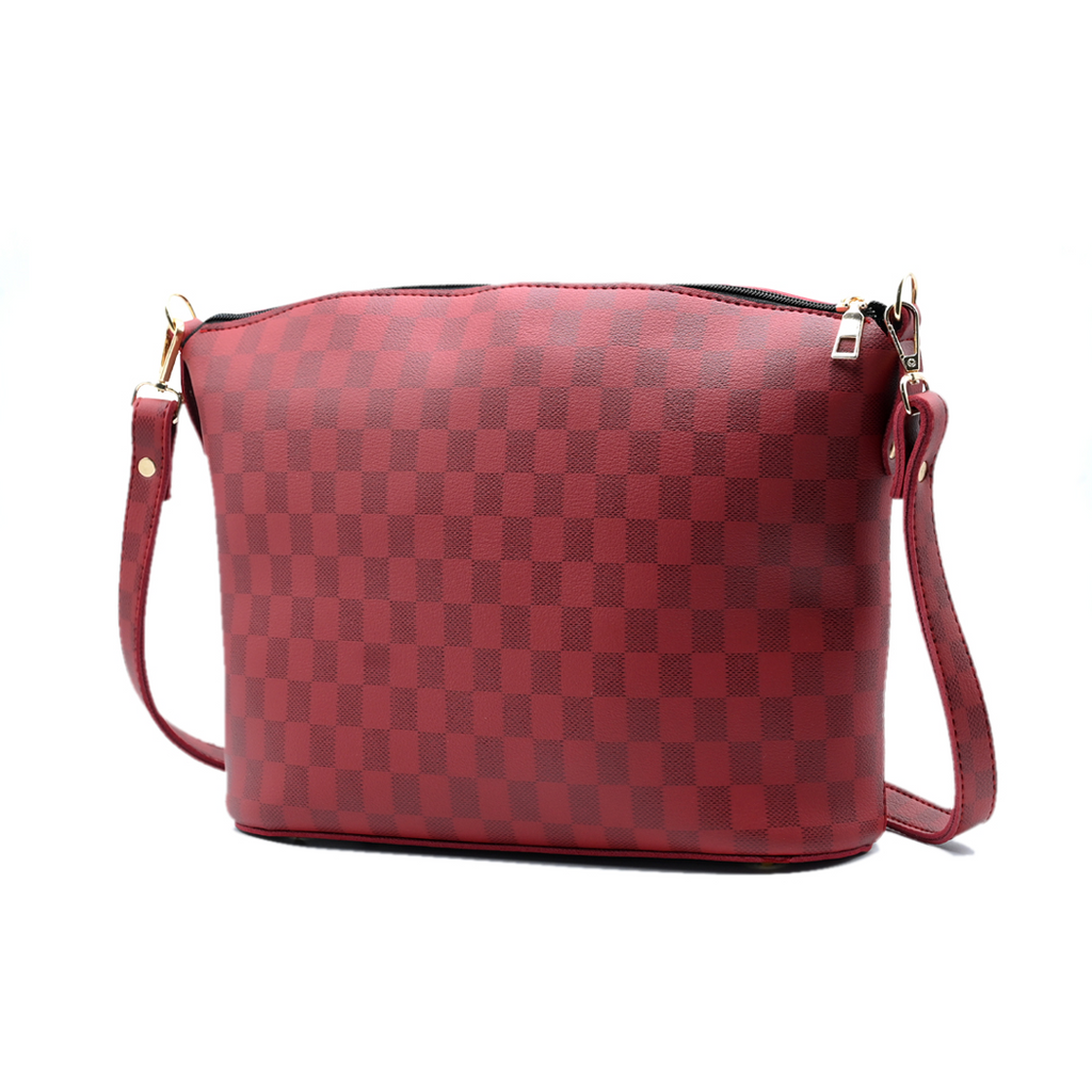 Chroma Check Shoulder Bag – Maroon Checkered Handbag with Long Strap