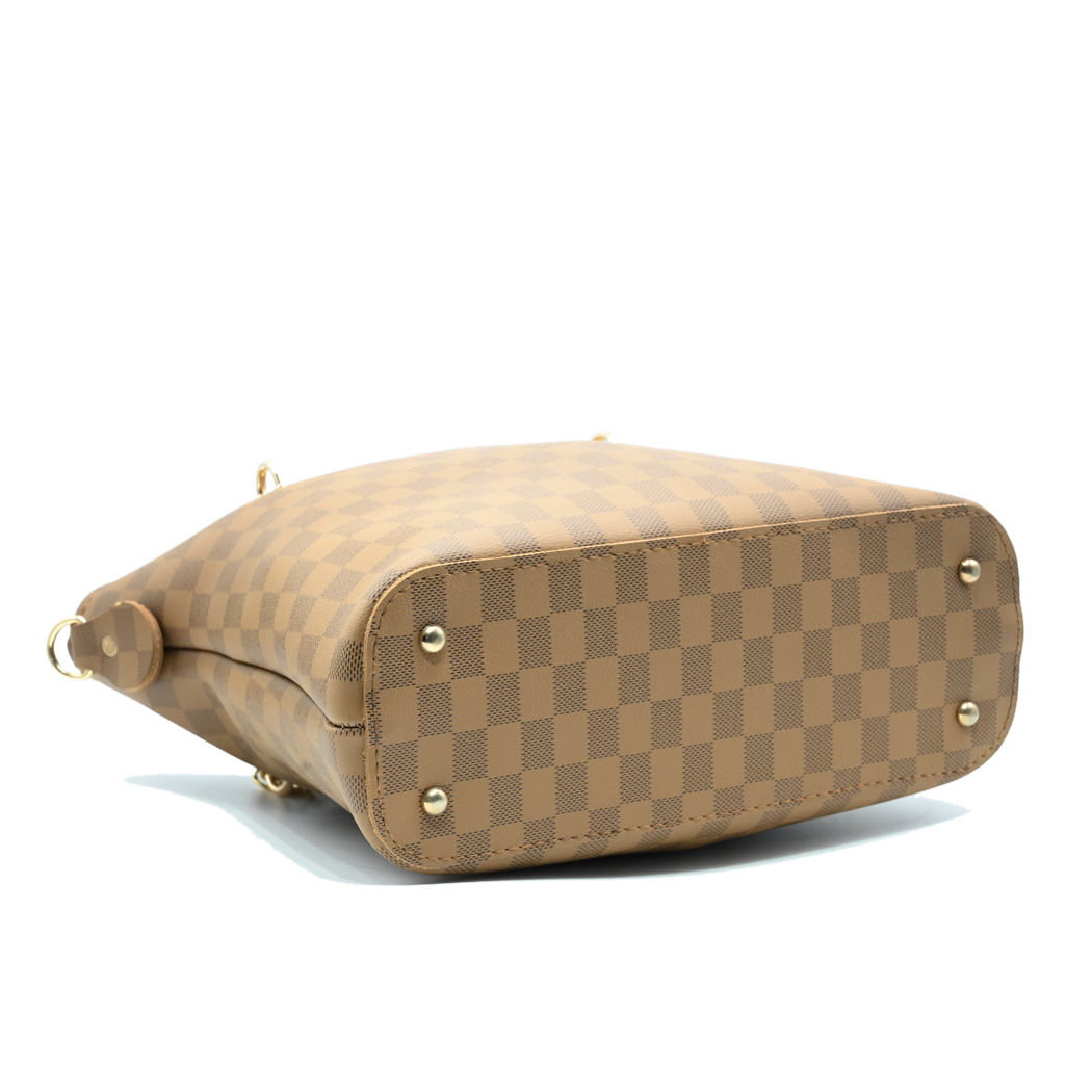 Brown Checkered Tote Handbag for Women | Elegant PU Leather Chain Handle Bag in Pakistan
