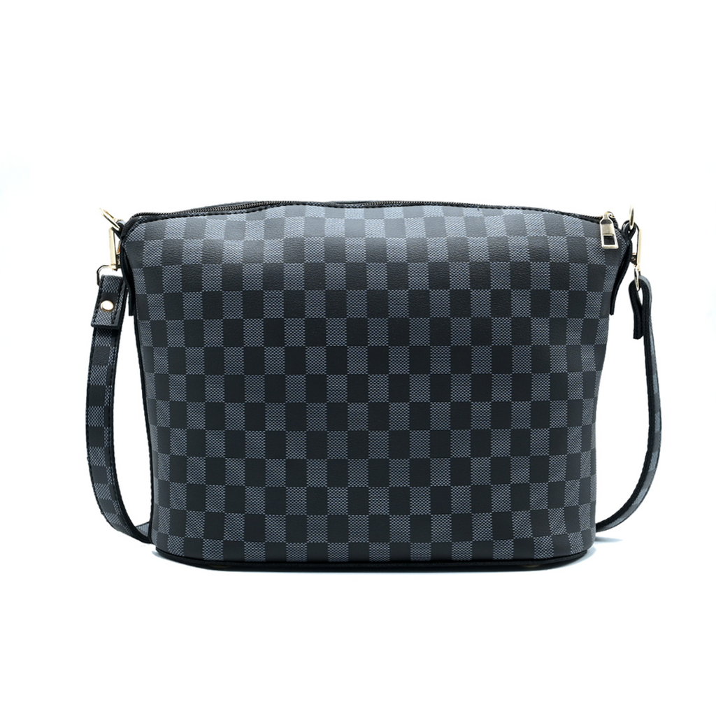 Chroma Check Shoulder Bag – Elegant Black Checkered Handbag with Long Strap