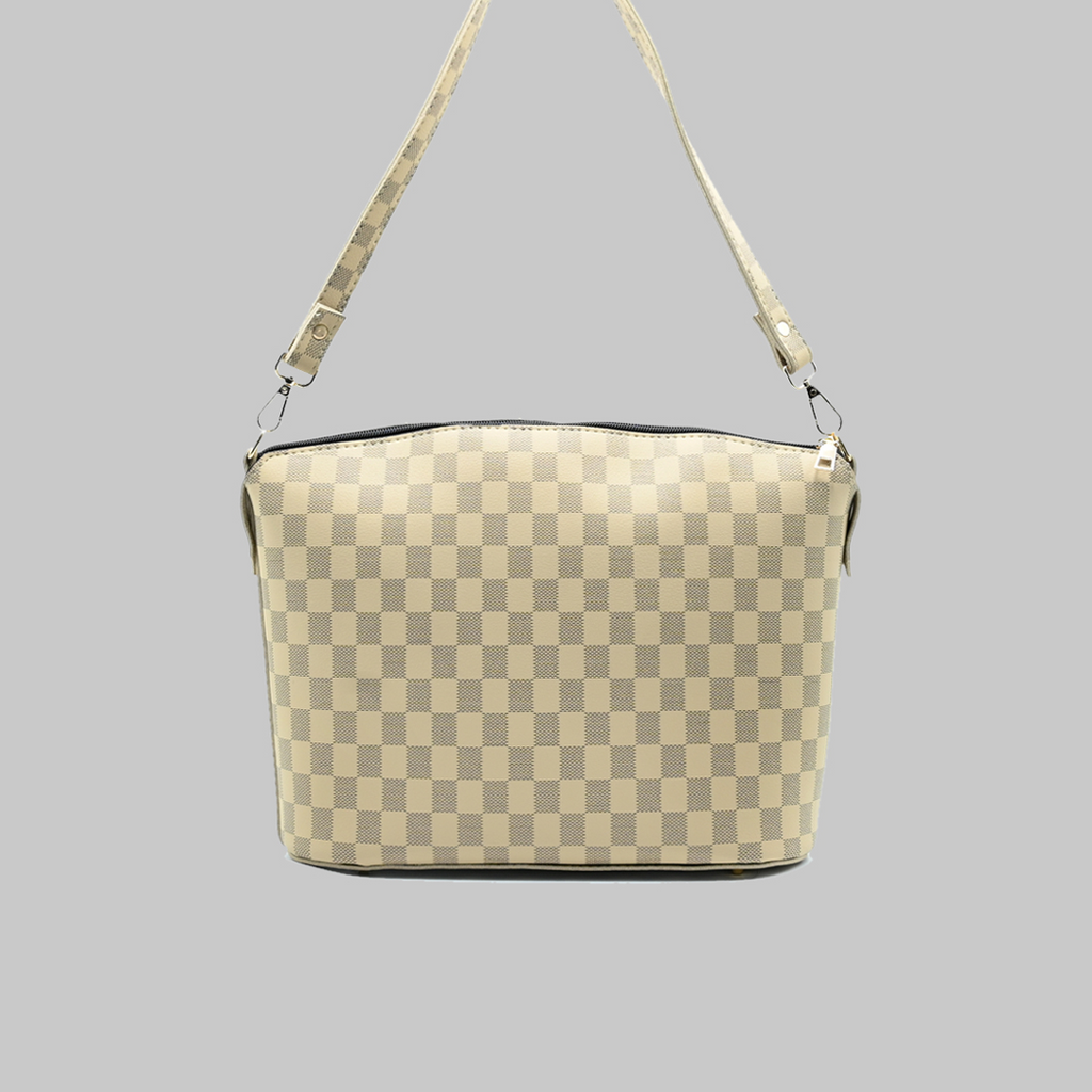 Chroma Check Shoulder Bag – Camel Checkered Handbag with Long Strap