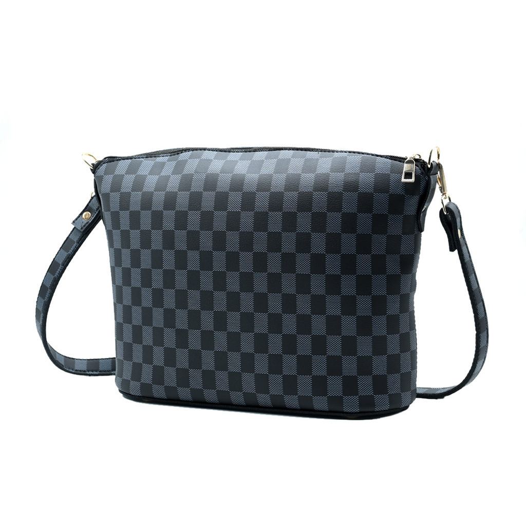Chroma Check Shoulder Bag – Elegant Black Checkered Handbag with Long Strap