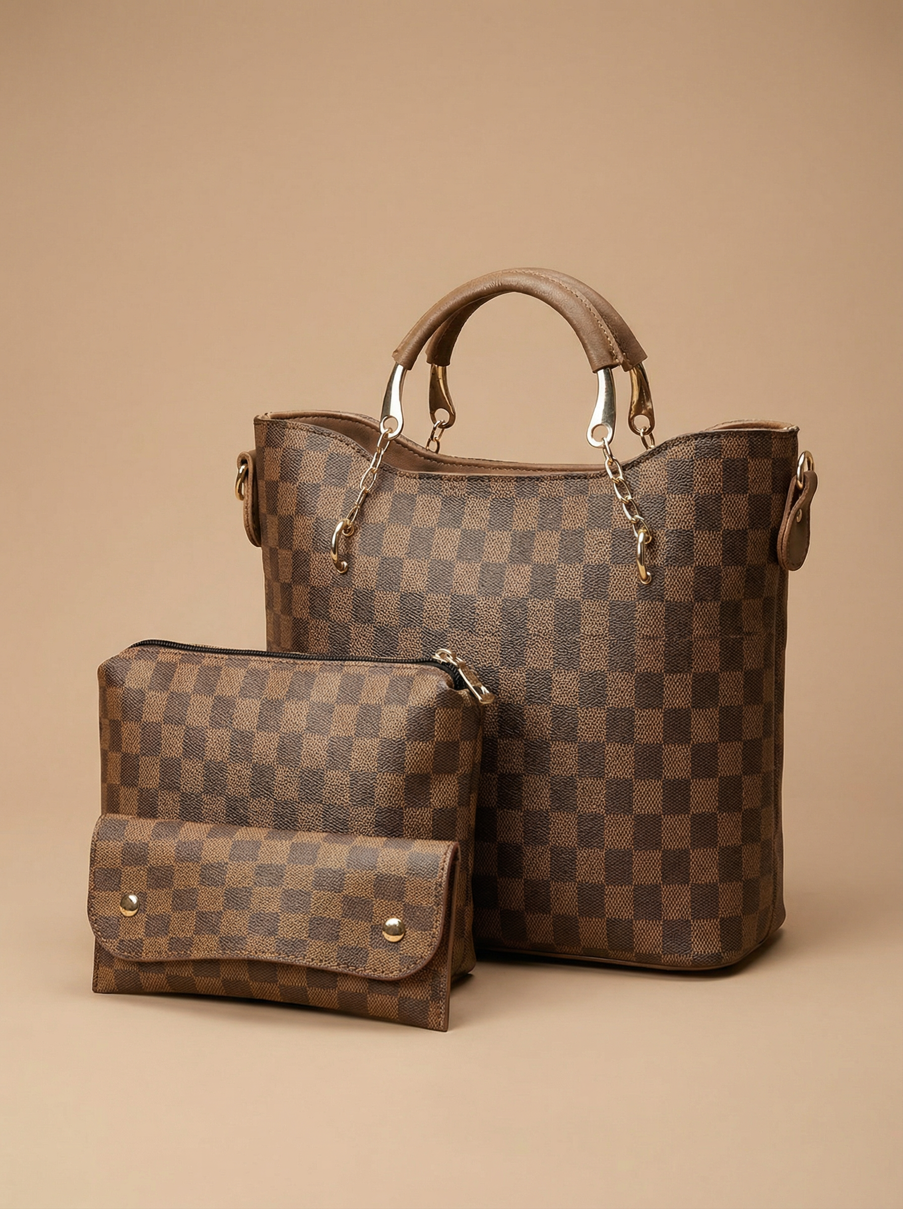 Brown Checkered Tote Handbag for Women