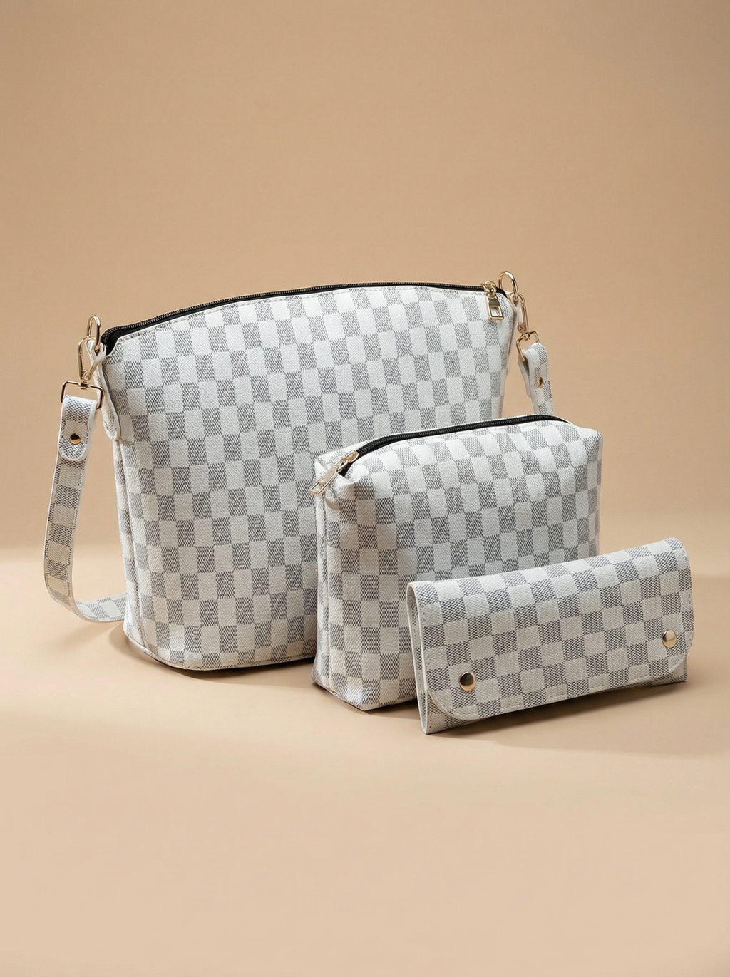 Chroma Check Shoulder Bag – Elegant White Checkered Handbag with Long Strap