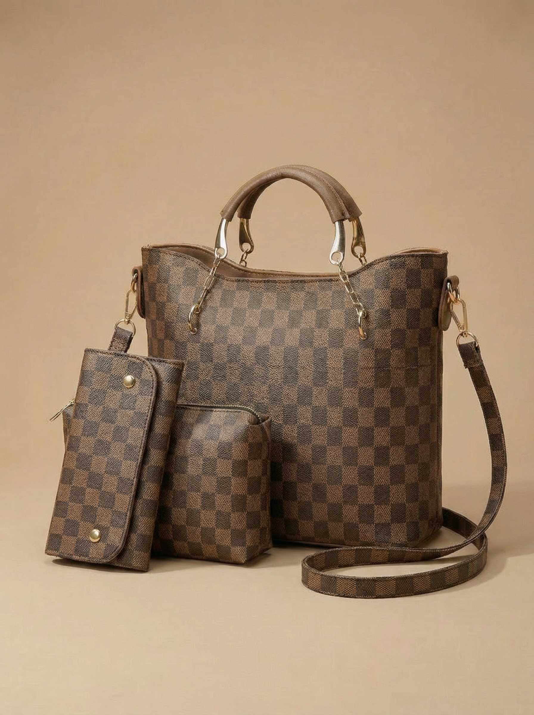 Brown Checkered Tote Handbag for Women