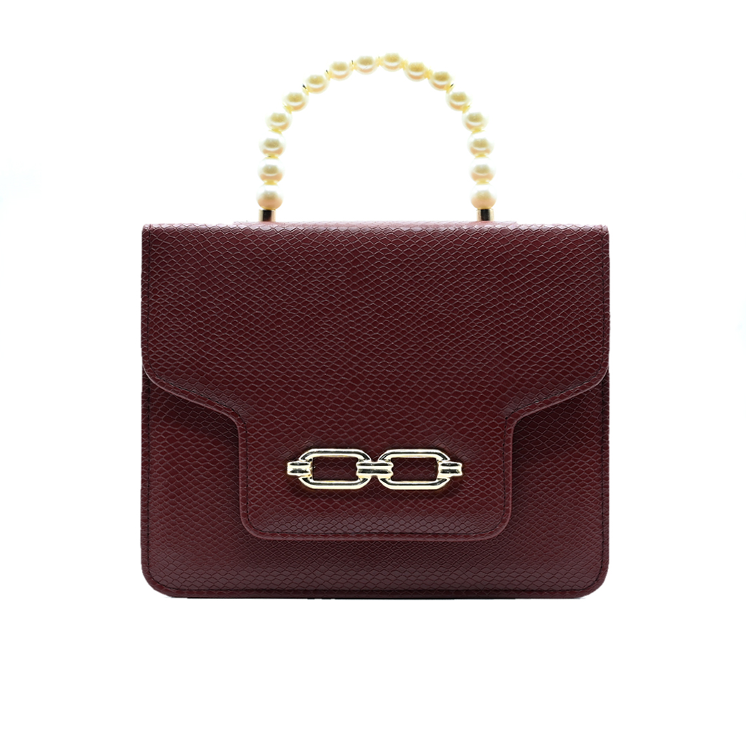 Lustre Pearl Tote – Elegant Maroon Handbag with Pearl Handle