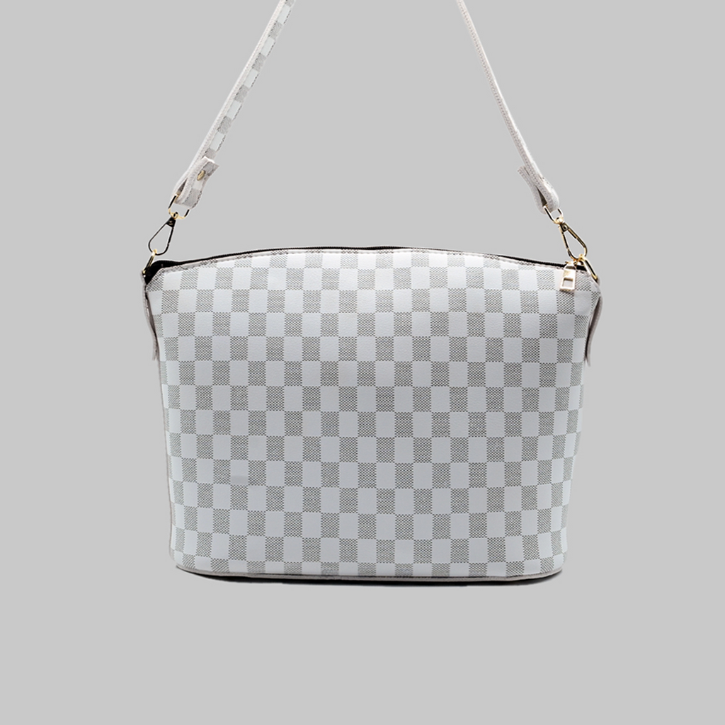 Chroma Check Shoulder Bag – Elegant White Checkered Handbag with Long Strap