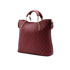 Maroon Checkered Tote Handbag for Women | Stylish PU Leather Chain Handle Bag in Pakistan