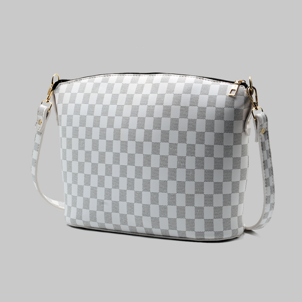 Chroma Check Shoulder Bag – Elegant White Checkered Handbag with Long Strap