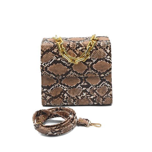 Snake Print Hand Bag - Black & Orange