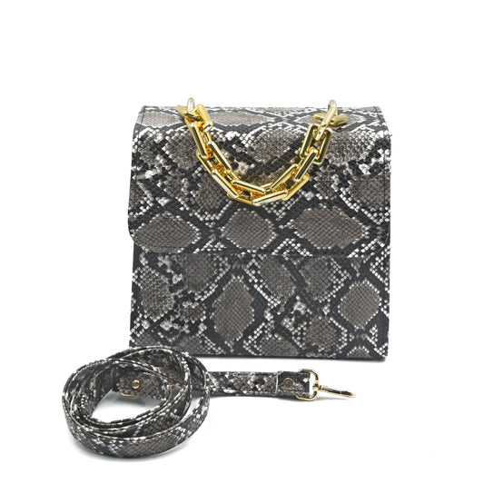 Snake Print Hand Bag - Black & Grey