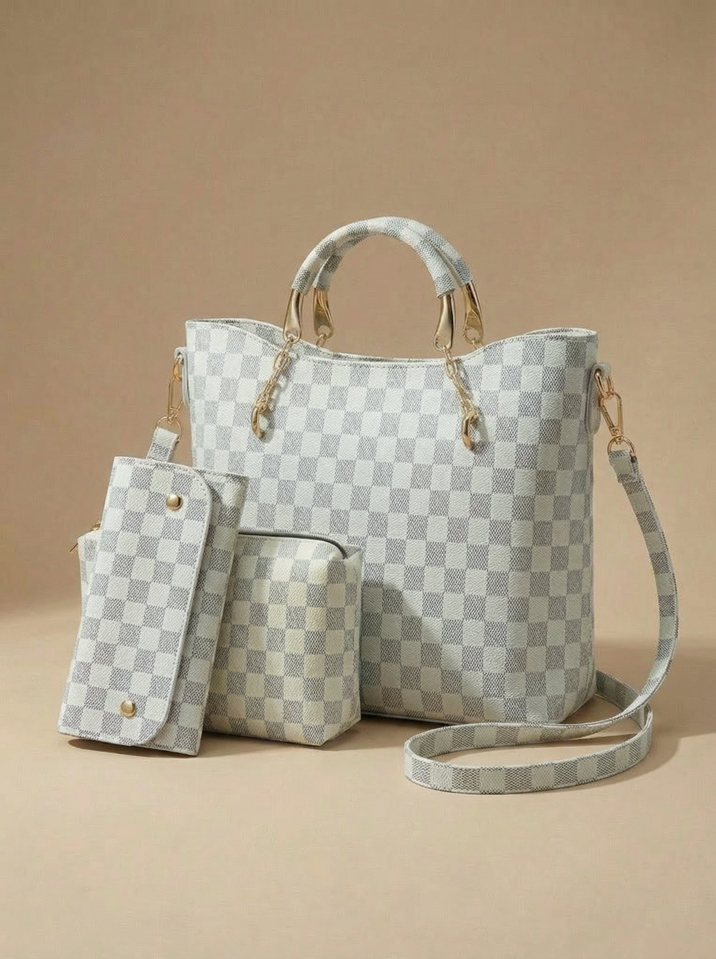 White Checkered Tote Handbag for Women