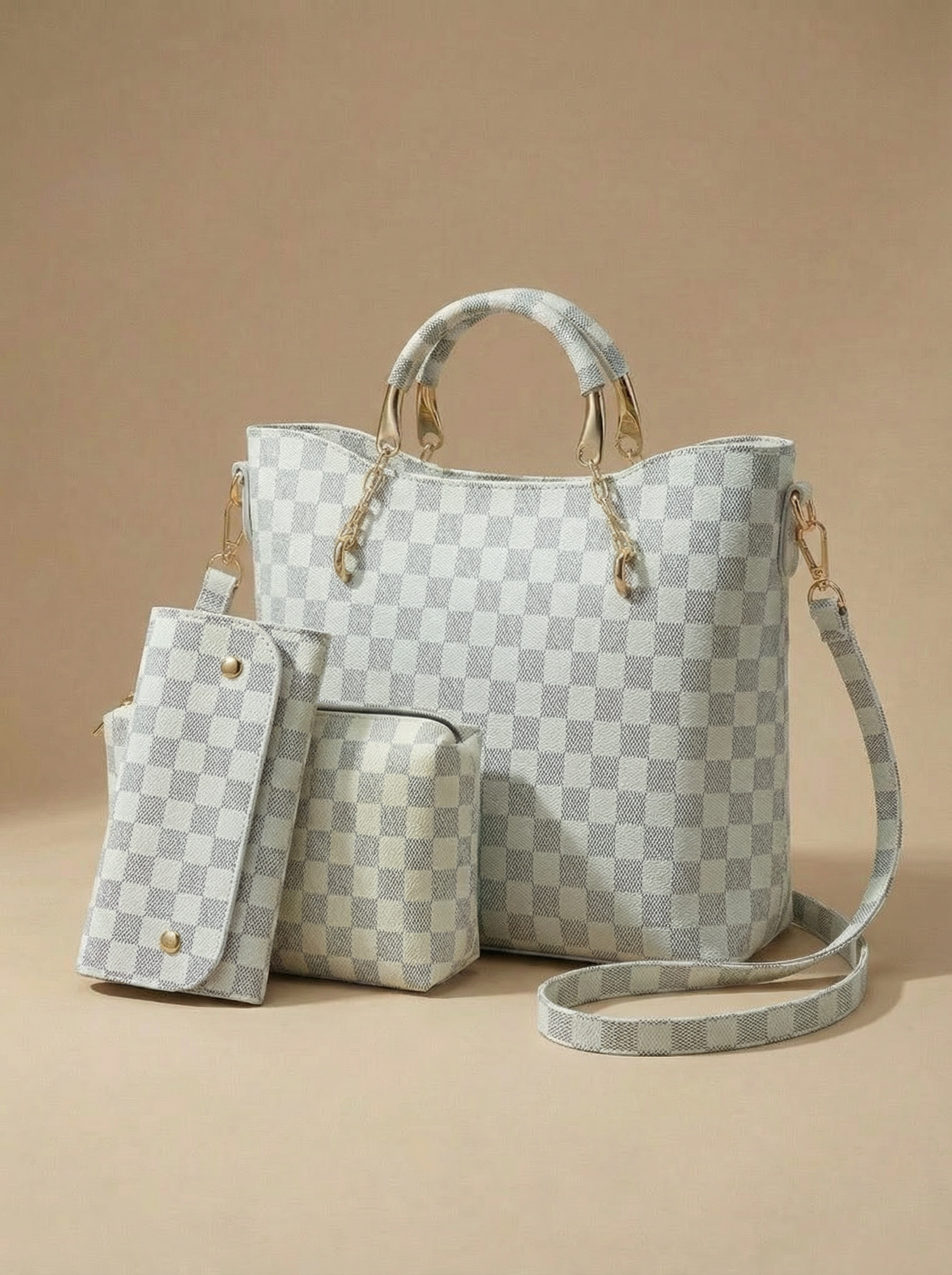 White Checkered Tote Handbag for Women